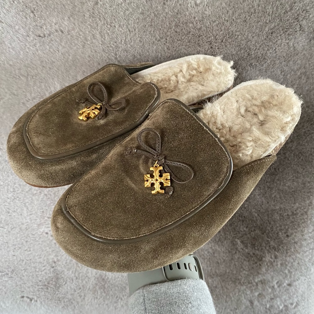 Tory Burch Olive Suede Shearling-Lined Mules with Gold Logo